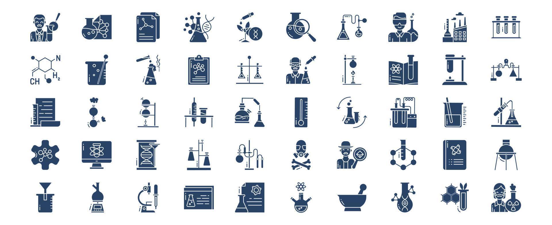 Collection of icons related to Chemistry and experiment, including icons like chemist, biochemistry, Chemical and more. vector illustrations, Pixel Perfect set