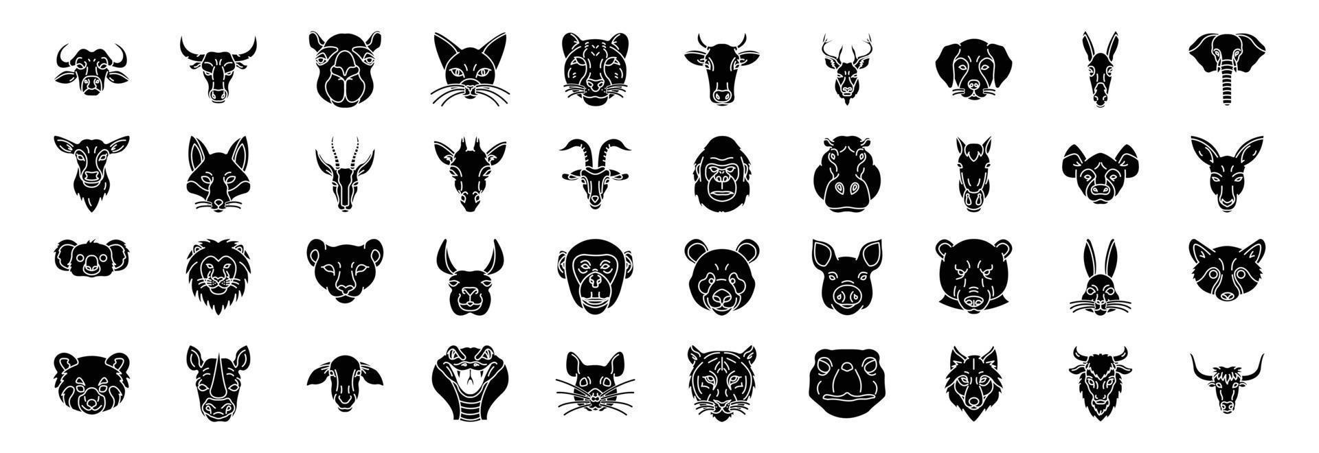 colección de íconos relacionados con caras de animales, incluidos íconos como perros, elefantes, gatos, camellos y más. ilustraciones vectoriales, conjunto perfecto de píxeles vector