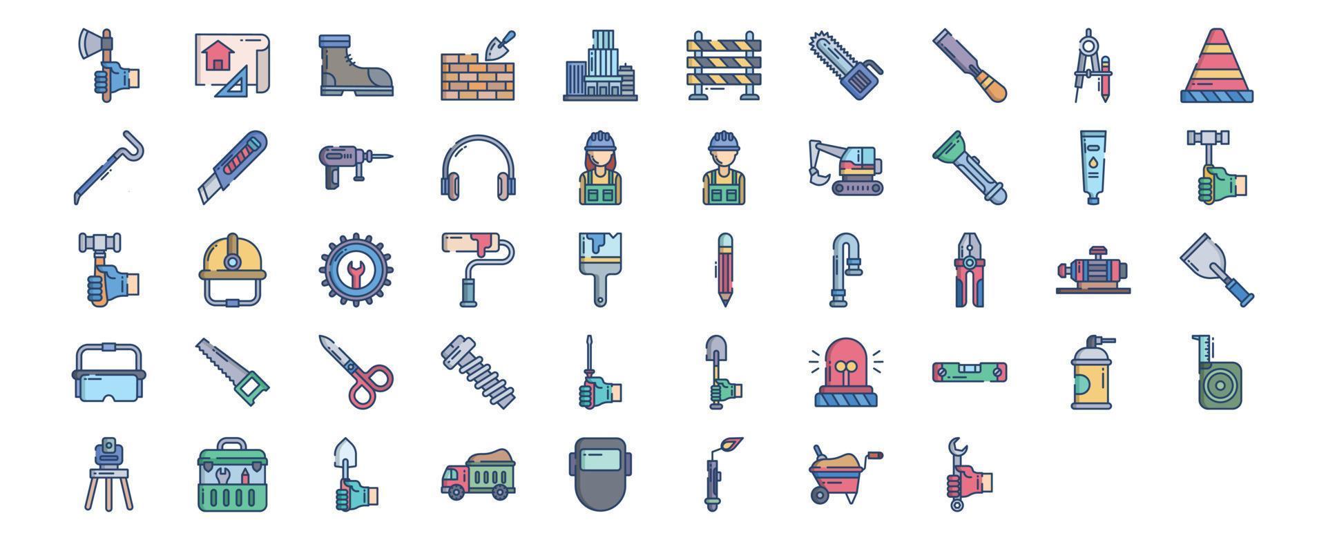 Collection of icons related to Construction tools, including icons like Axe, Blueprint, Brick, Building and more. vector illustrations, Pixel Perfect set
