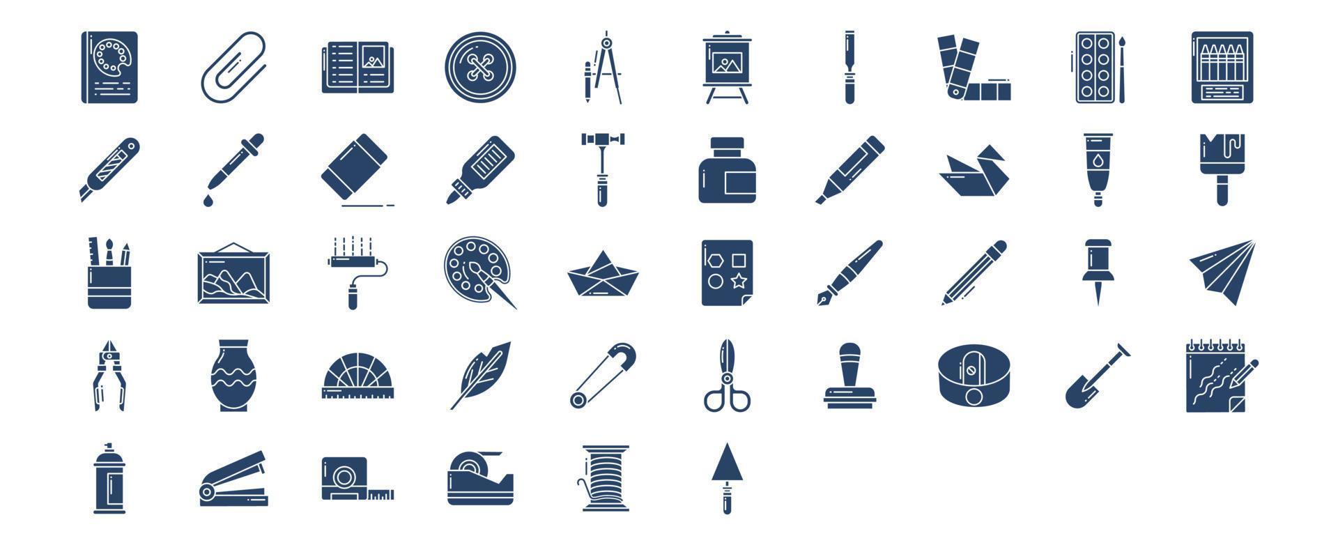 Collection of icons related to Craft and tools, including icons like Book, Attach, crayons,  Drop and more. vector illustrations, Pixel Perfect set