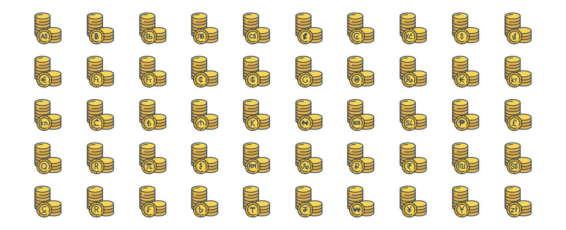 Collection of icons related to Currency coins, including icons like Dollar, Euro, Yen,  and more. vector illustrations, Pixel Perfect set