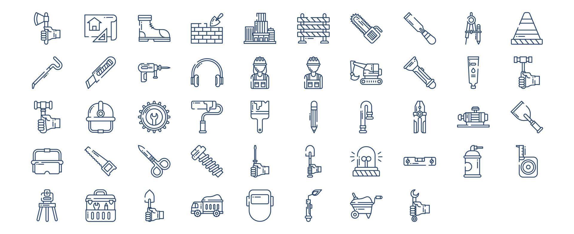 Collection of icons related to Construction tools, including icons like Axe, Blueprint, Brick, Building and more. vector illustrations, Pixel Perfect set