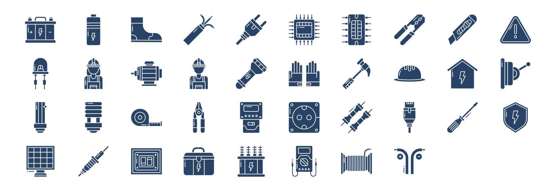 Collection of icons related to Electrician, including icons like Accumulator, Battery, Boots, Cpu and more. vector illustrations, Pixel Perfect set