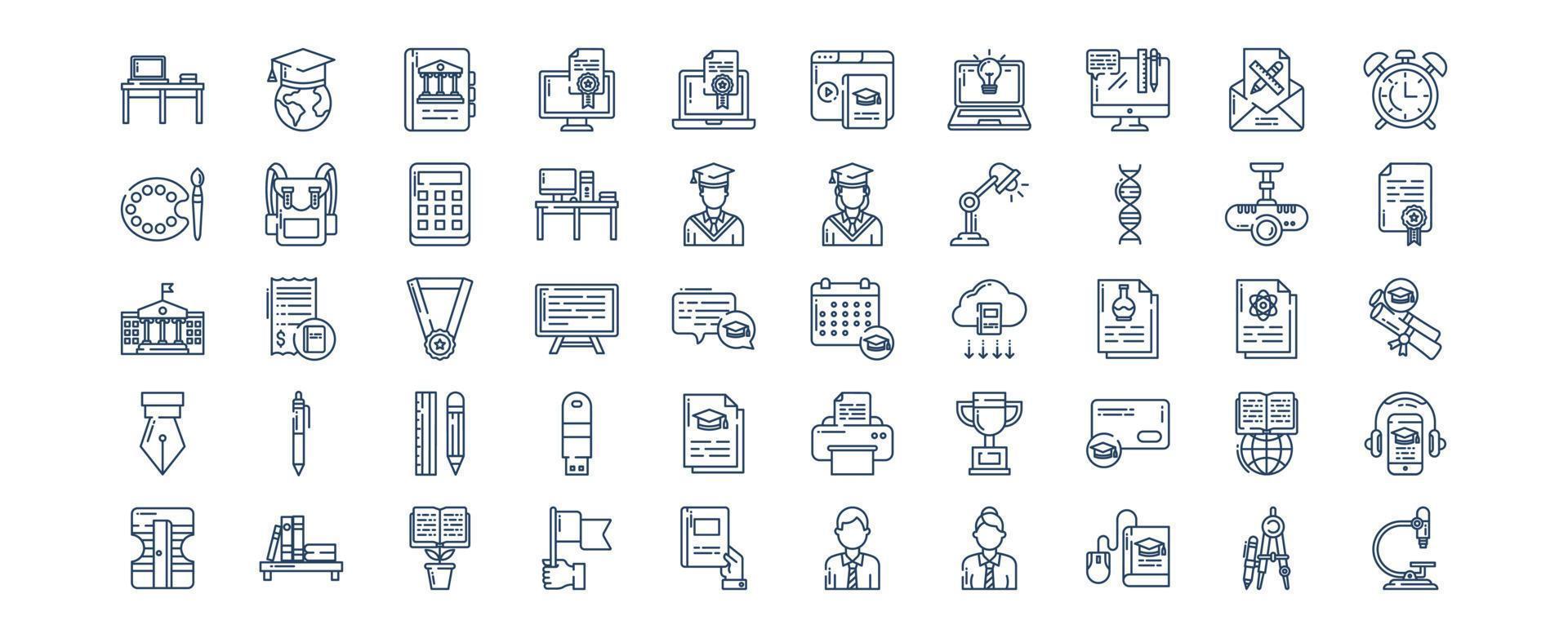 Collection of icons related to Education and School, including icons like Student, printer, table, bag and more. vector illustrations, Pixel Perfect set