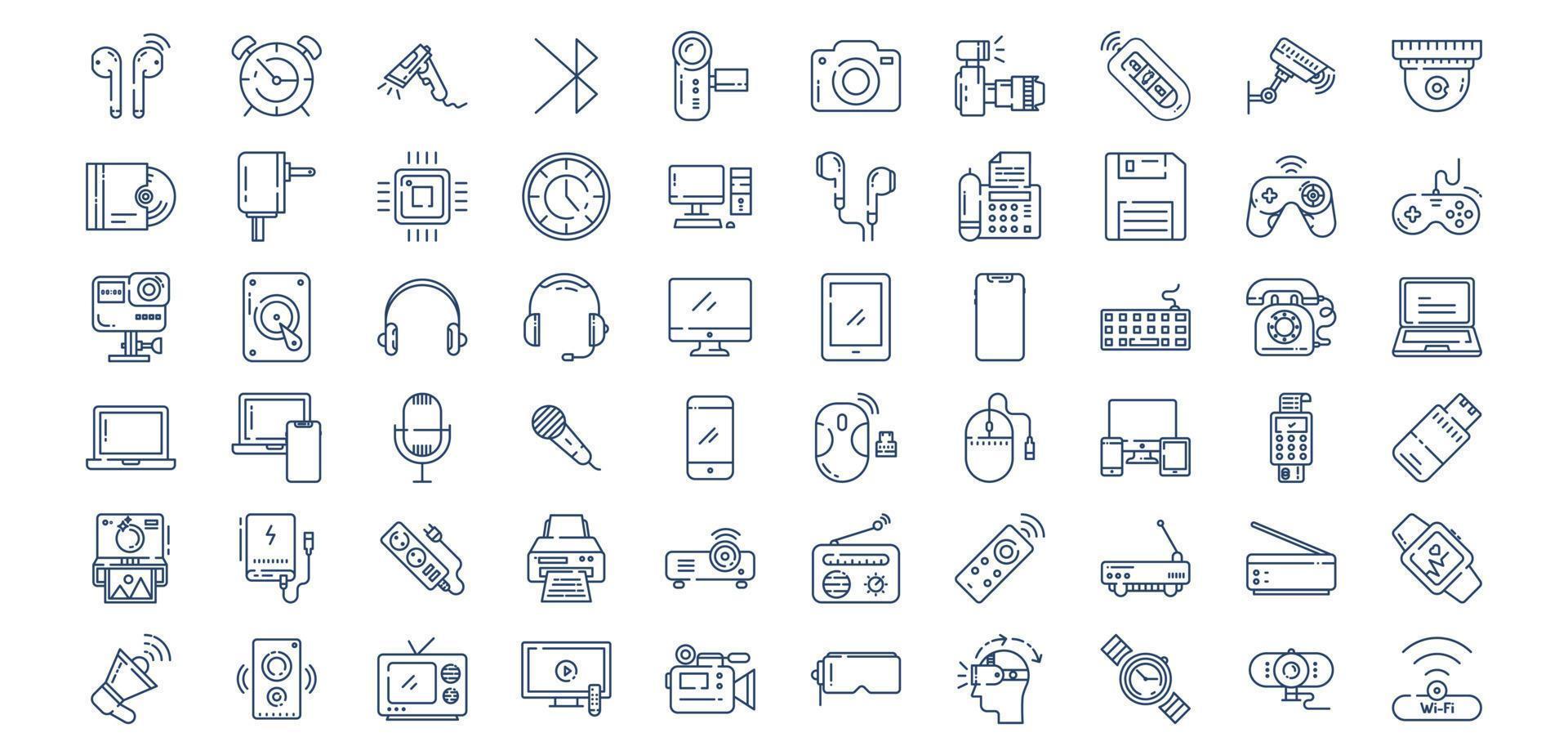 Collection of icons related to Devices and gadgets, including icons like Alarm, Bluetooth, Camera, Chip and more. vector illustrations, Pixel Perfect set