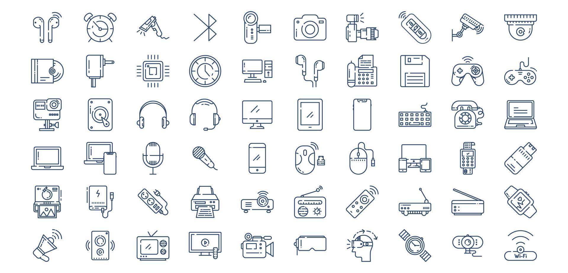 colección de íconos relacionados con dispositivos y gadgets, incluidos íconos como alarma, bluetooth, cámara, chip y más. ilustraciones vectoriales, conjunto perfecto de píxeles vector