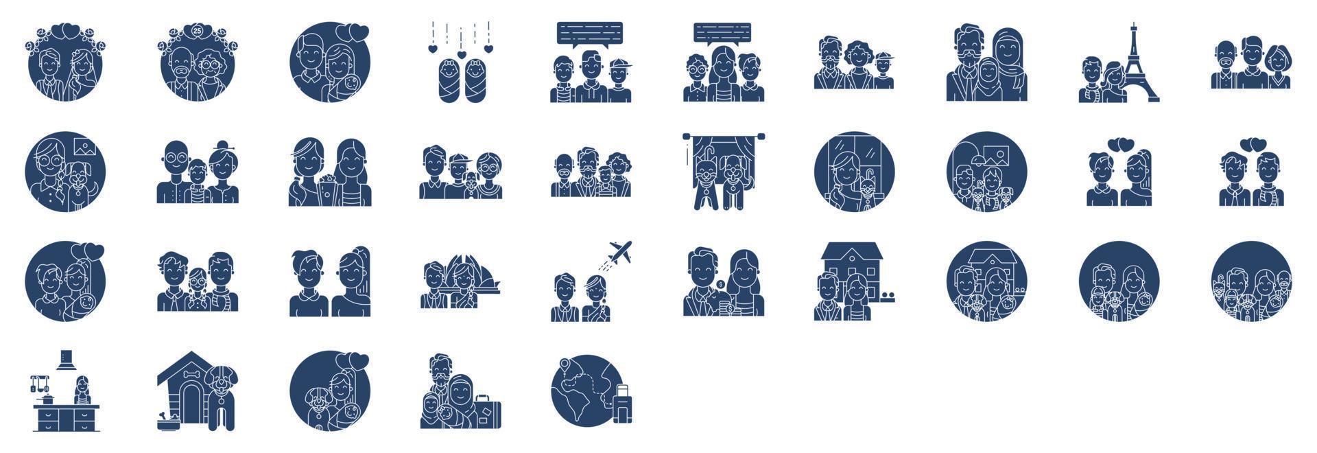 Collection of icons related to Family members , including icons like Father, mother, uncle, aunt, son, kid, and more. vector illustrations, Pixel Perfect set