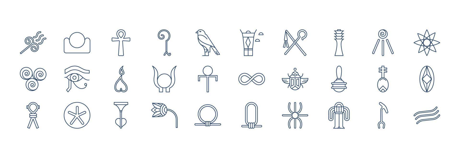 Collection of icons related to Egyptian symbols, including icons like Air, Fire, God and more. vector illustrations, Pixel Perfect set