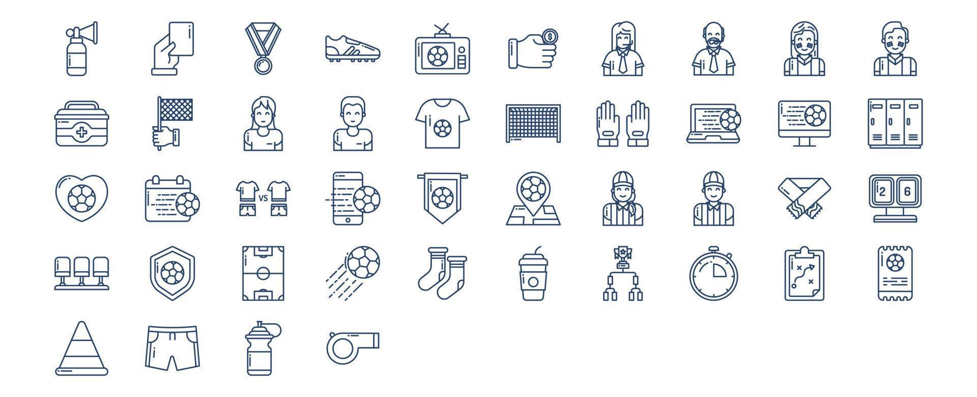 Collection of icons related to Football and soccer, including icons like Soccer ball, Match, Boots, game and more. vector illustrations, Pixel Perfect set