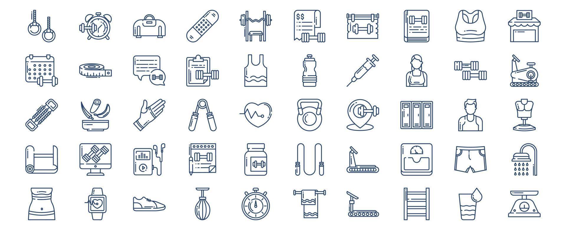 Collection of icons related to Fitness and gym, including icons like Alarm, Expander, Dumbbells and more. vector illustrations, Pixel Perfect set