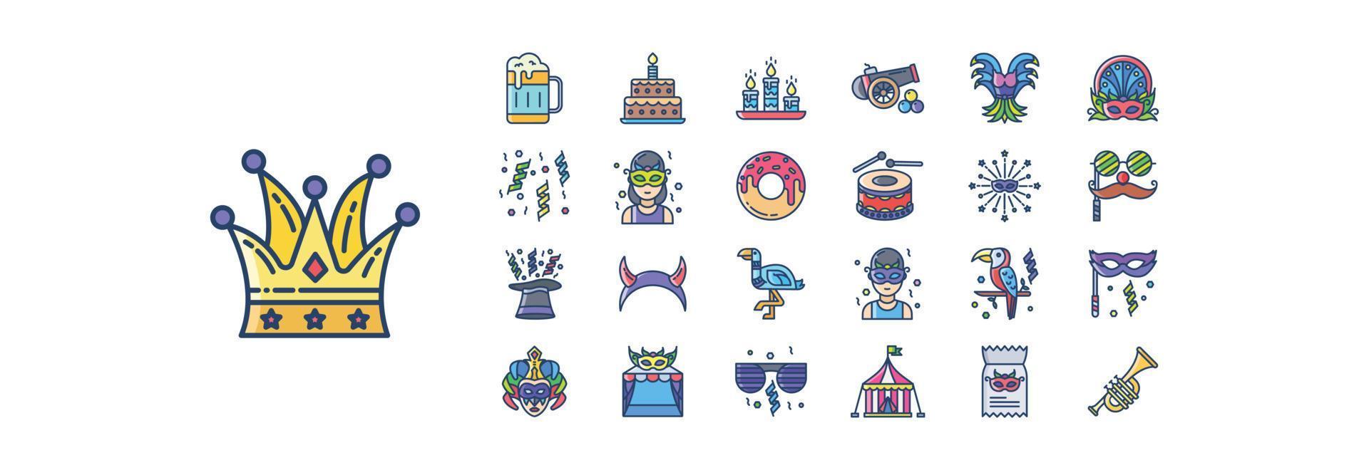 Collection of icons related to Carnival, including icons like Beer, Cake, Candles and more. vector illustrations, Pixel Perfect set