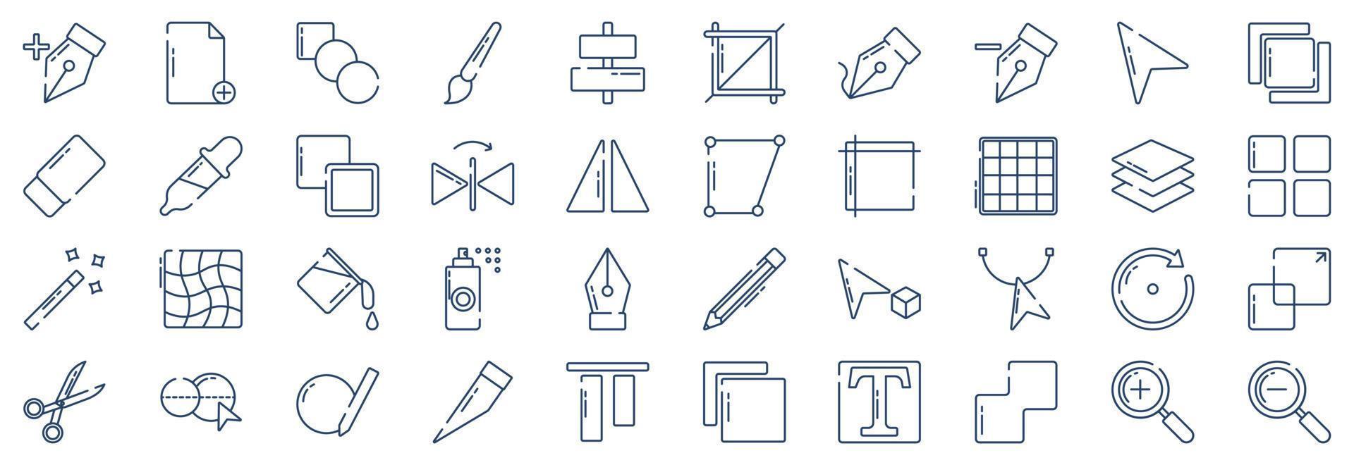 Collection of icons related to Design Tools Interface, including icons like Add Anchor Point, file, Pen, Brush and more. vector illustrations, Pixel Perfect set