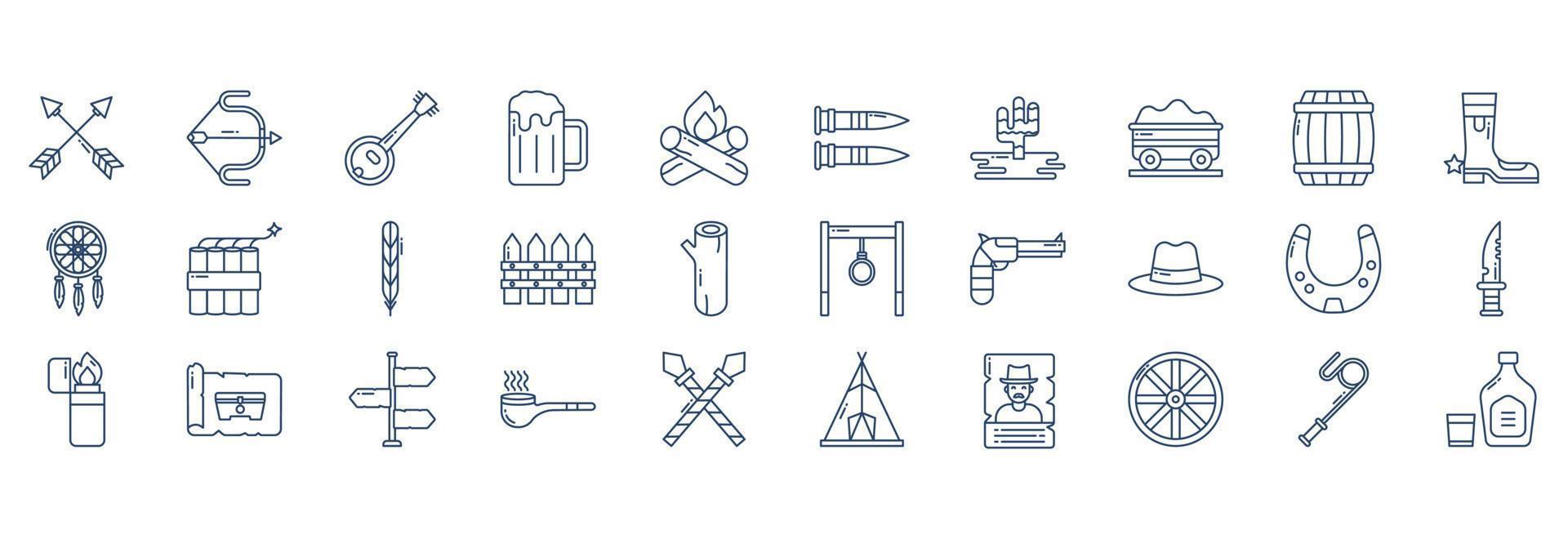 Collection of icons related to Cowboy and wild west, including icons like Arrow, Banjo, Beer, Bonfire and more. vector illustrations, Pixel Perfect set