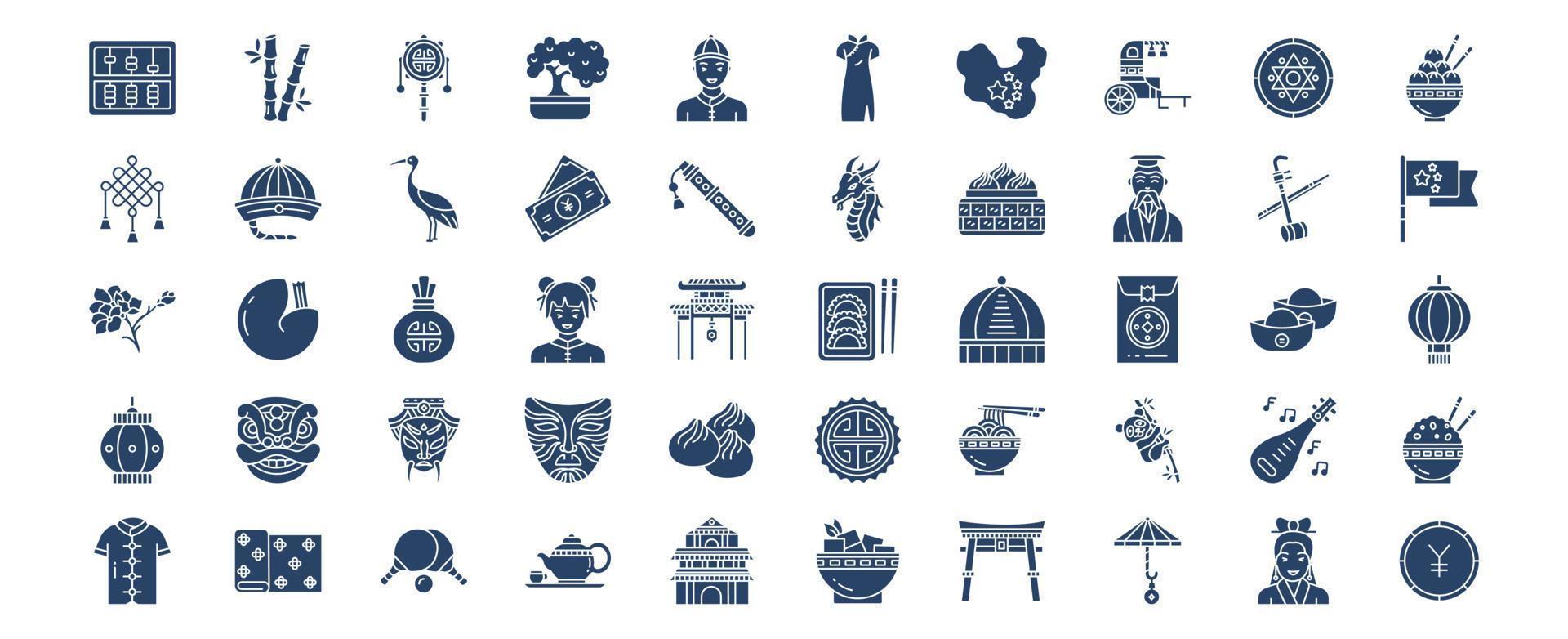 colección de íconos relacionados con China, incluidos íconos como ábaco, bambú, bonsái, dragón y más. ilustraciones vectoriales, conjunto perfecto de píxeles vector
