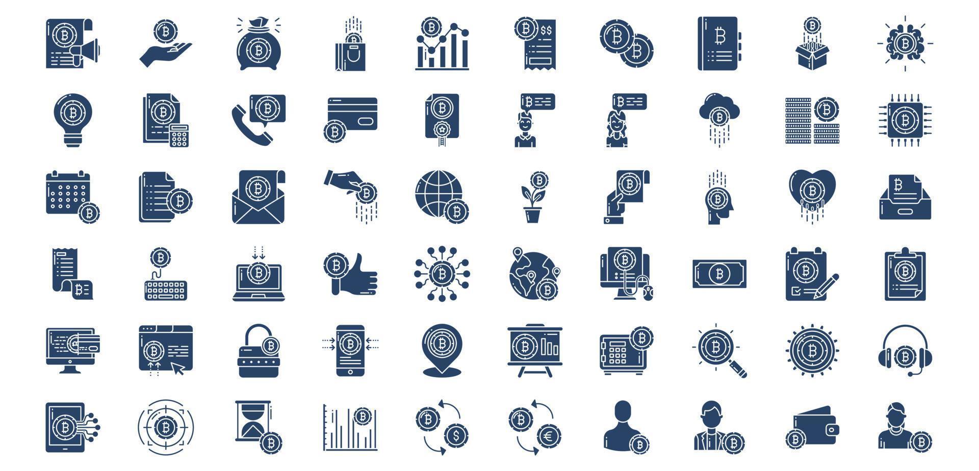 Collection of icons related to Bitcoin and cryptocurrency, including icons like Announcement, Graph, Bill,  and more. vector illustrations, Pixel Perfect set