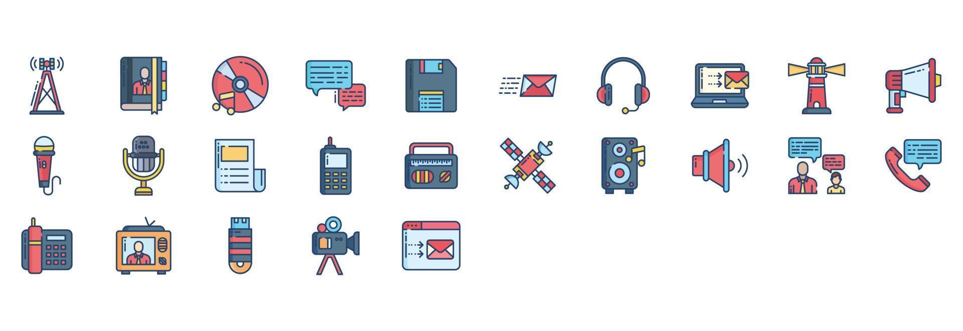 Collection of icons related to Communication, including icons like Antenna, Book, Chat, Diskette and more. vector illustrations, Pixel Perfect set