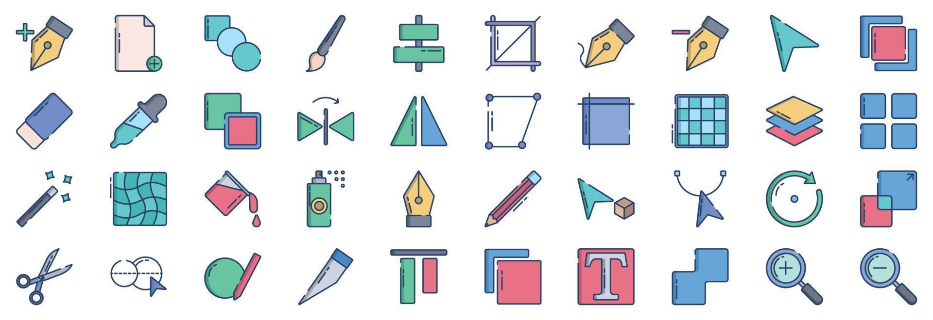 Collection of icons related to Design Tools Interface, including icons like Add Anchor Point, file, Pen, Brush and more. vector illustrations, Pixel Perfect set