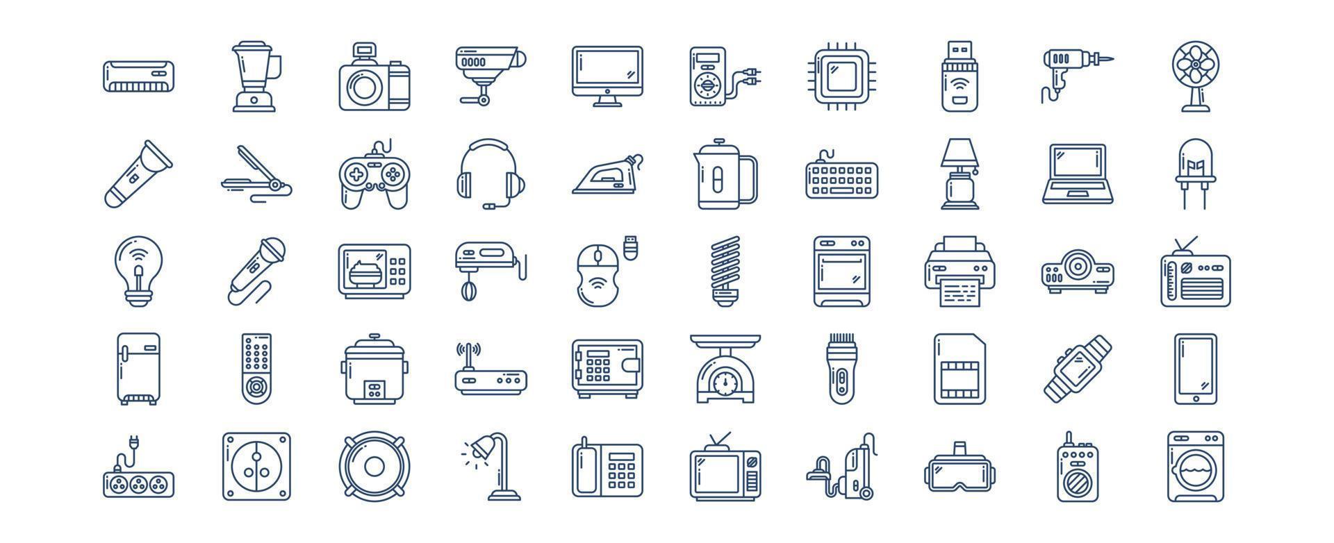 Collection of icons related to Electrical Devices and Home appliances, including icons like monitor, projector, mouse and more. vector illustrations, Pixel Perfect set