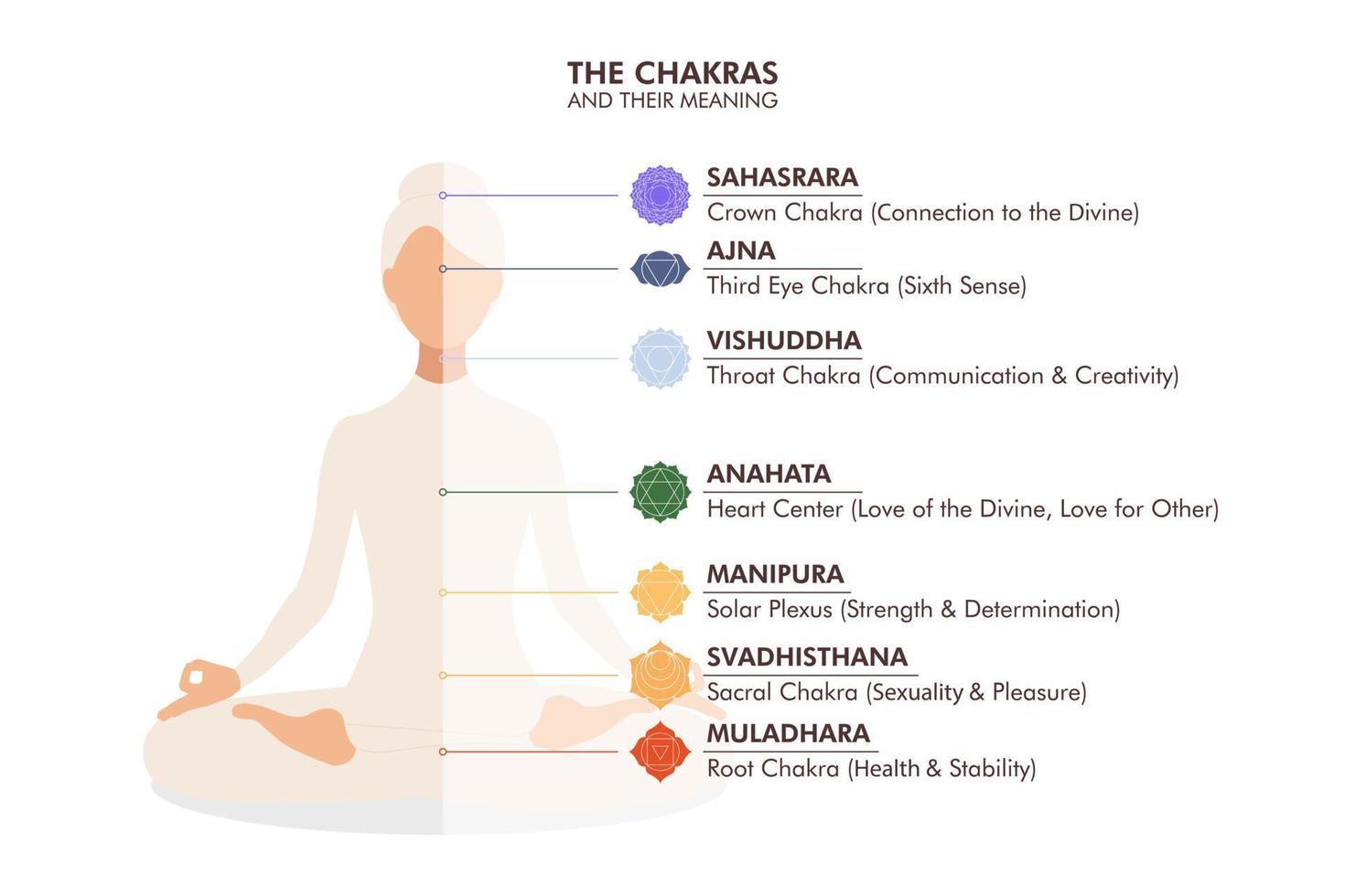 Infographic vector illustration with woman sitting in lotus pose, meditating. The image of the seven chakras, their names and meanings. Alternative medicine, energy practices poster