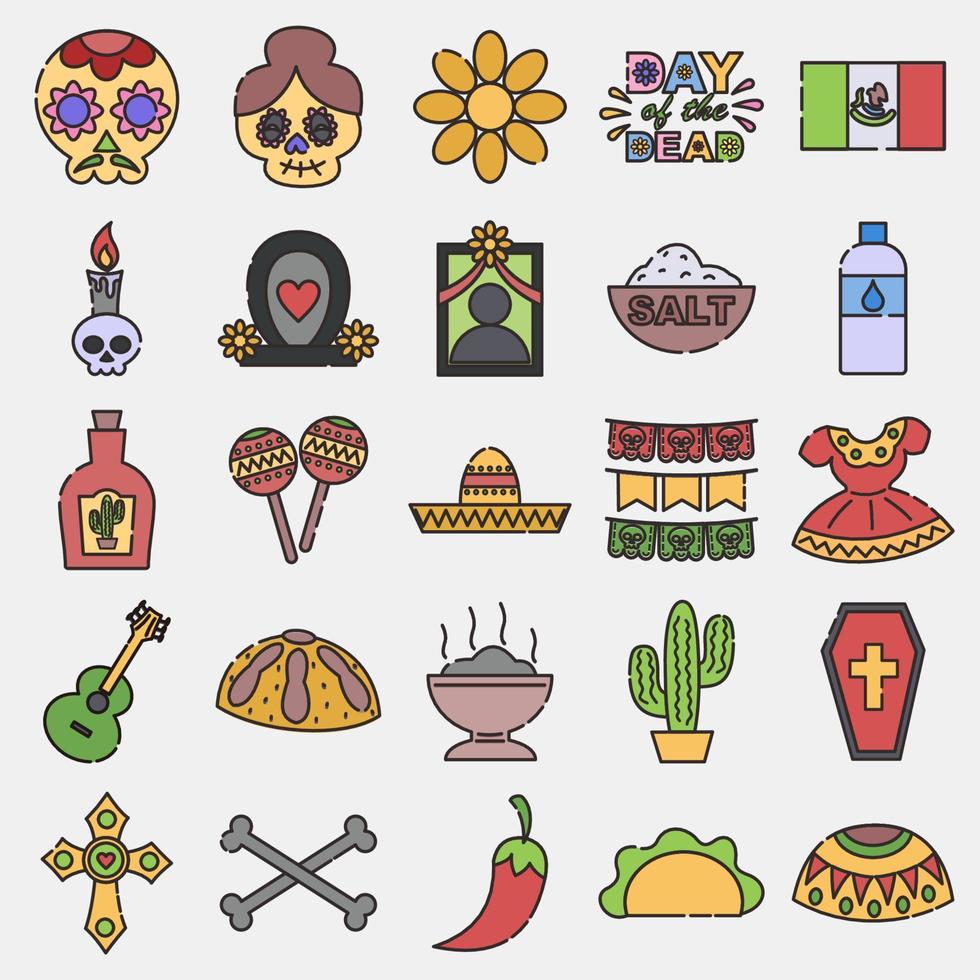 Icon set day of the dead. Day of the dead celebration elements. Icons in filled line style. Good for prints, posters, logo, party decoration, greeting card, etc. vector
