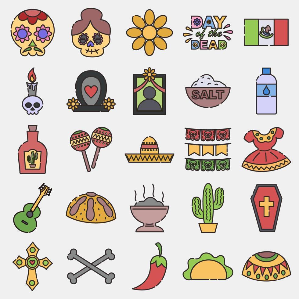 conjunto de iconos día de los muertos. elementos de celebración del día de los muertos. iconos en estilo de línea rellena. bueno para impresiones, carteles, logotipos, decoración de fiestas, tarjetas de felicitación, etc. vector