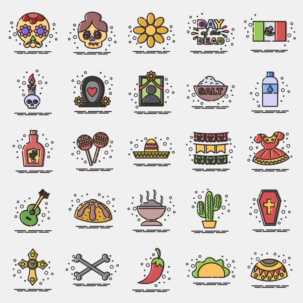 Icon set day of the dead. Day of the dead celebration elements. Icons in MBE style. Good for prints, posters, logo, party decoration, greeting card, etc. vector