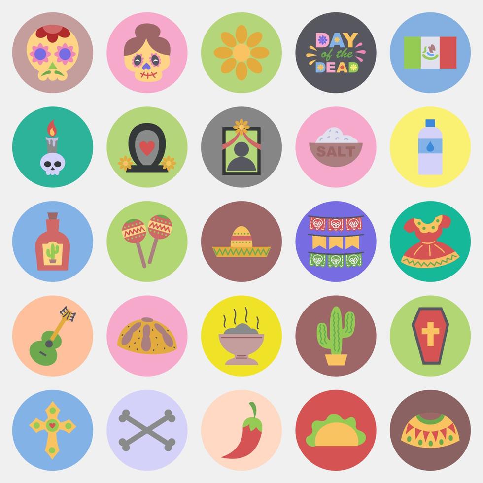 conjunto de iconos día de los muertos. elementos de celebración del día de los muertos. iconos en estilo mate de color. bueno para impresiones, carteles, logotipos, decoración de fiestas, tarjetas de felicitación, etc. vector