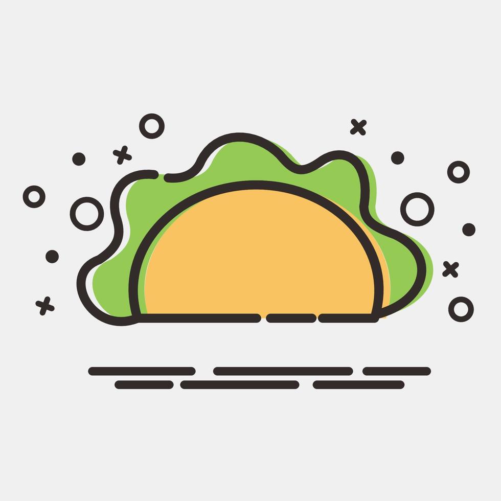 taco de icono. elementos de celebración del día de los muertos. iconos en estilo mbe. bueno para impresiones, carteles, logotipos, decoración de fiestas, tarjetas de felicitación, etc. vector