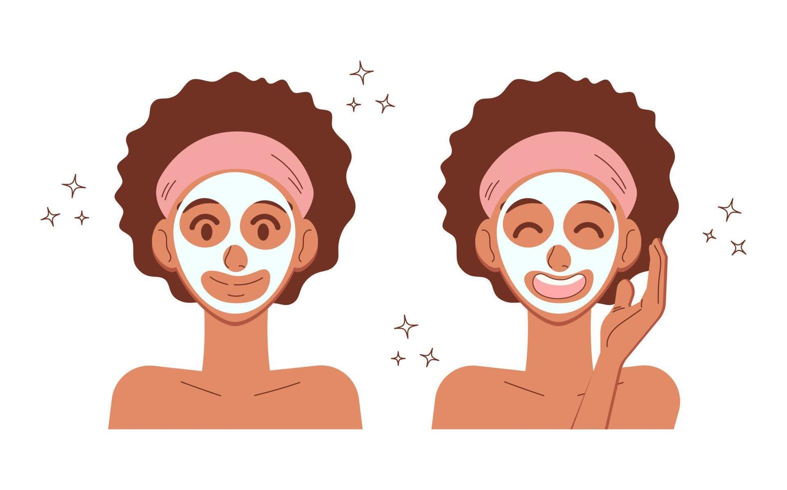 Young woman applying clay face mask. African american girl skincare spa facial treatment concept. Portrait set in flat style. Vector illustration isolated on white background.