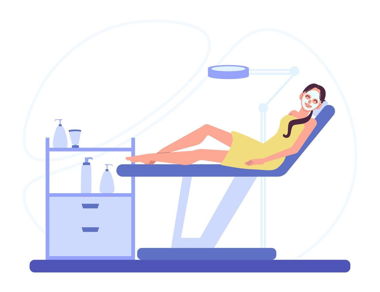 Woman relaxing with clay facial mask in beauty salon. Girl is lying on the medical couch. Cartoon flat style. Vector illustration isolated on white background.