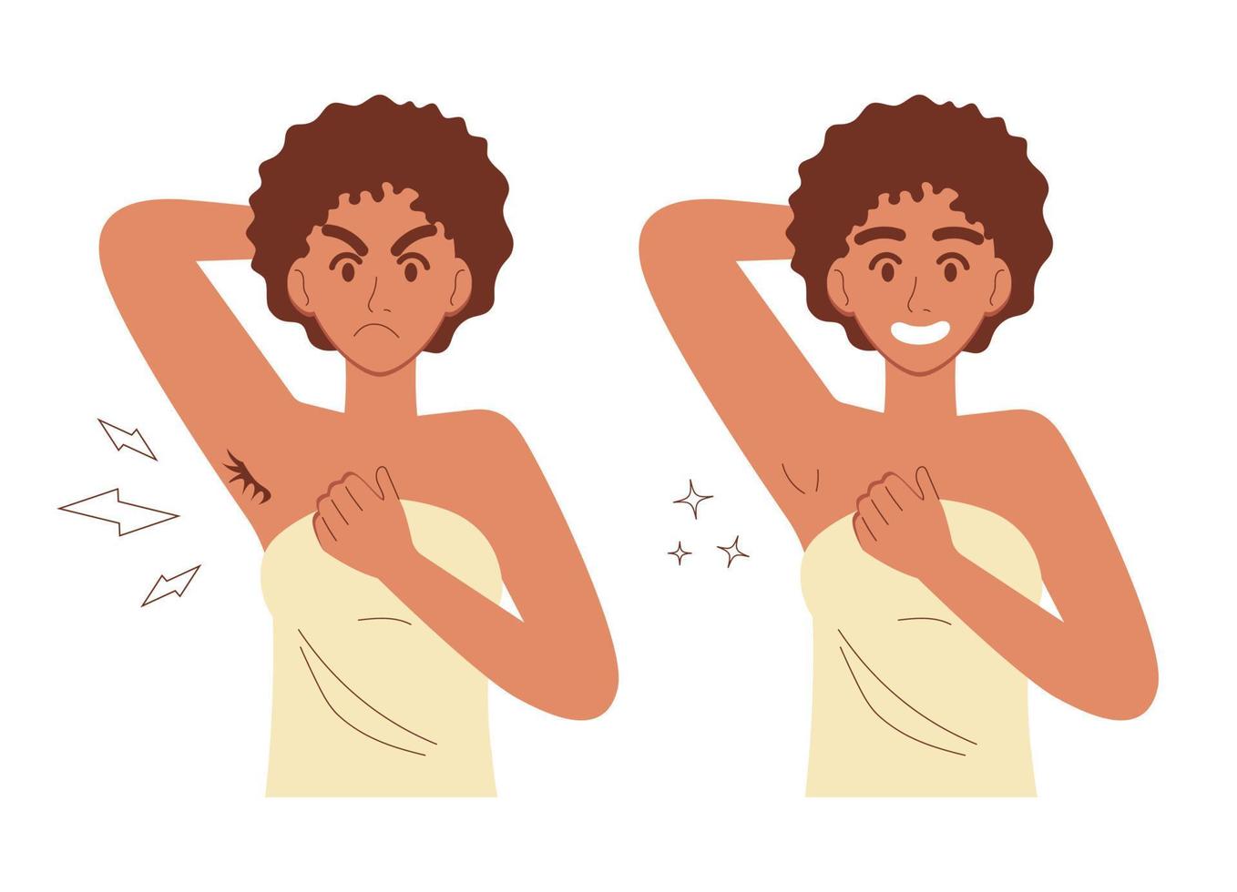 Depilación de axilas antes y después. lindo cuidado del cuerpo de la mujer negra. ilustración vectorial aislado sobre fondo blanco. vector