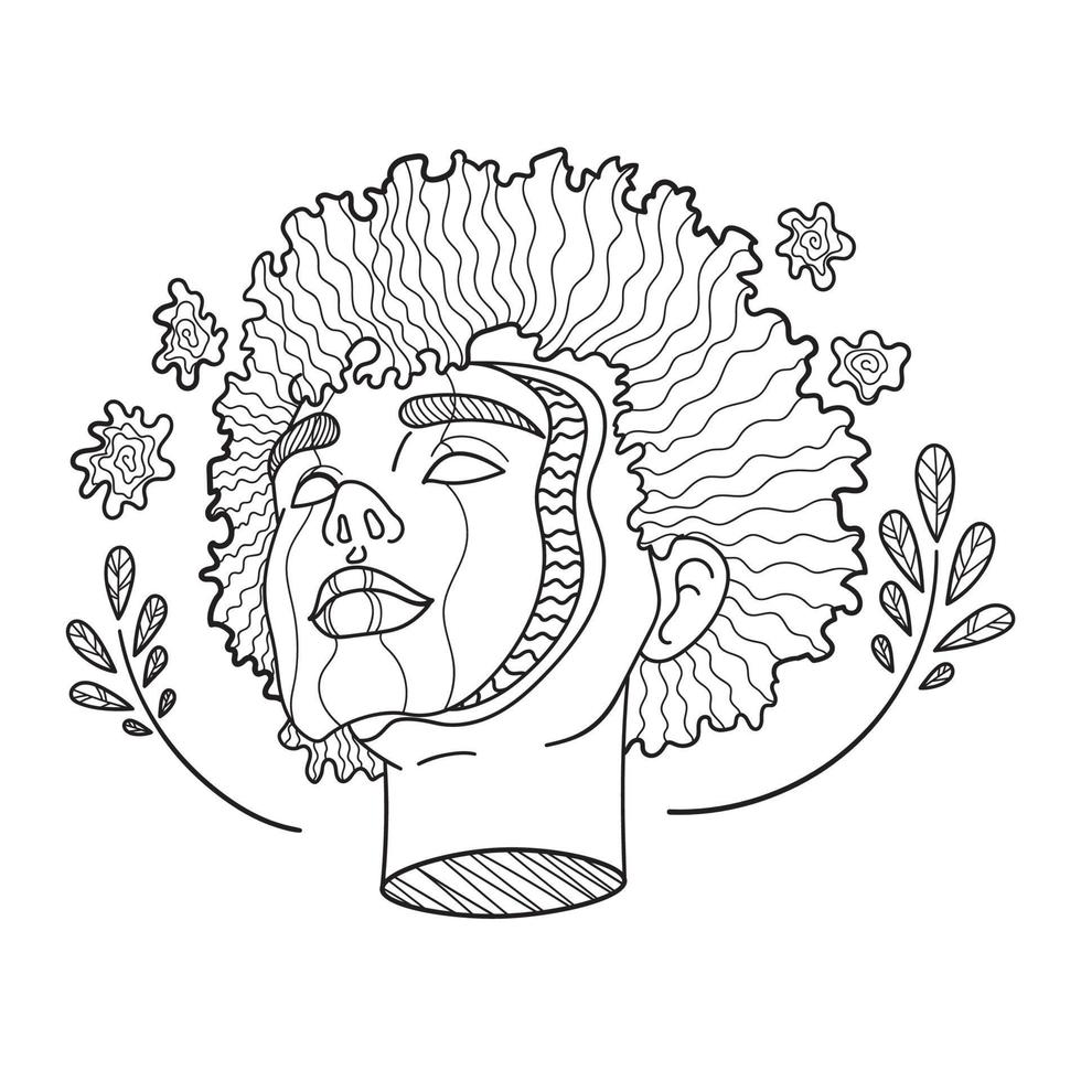 Mystic face woman with curly hair. Bohemian hand drawing, esoteric sketch, engraving stylization. Vector illustration isolated on white background.