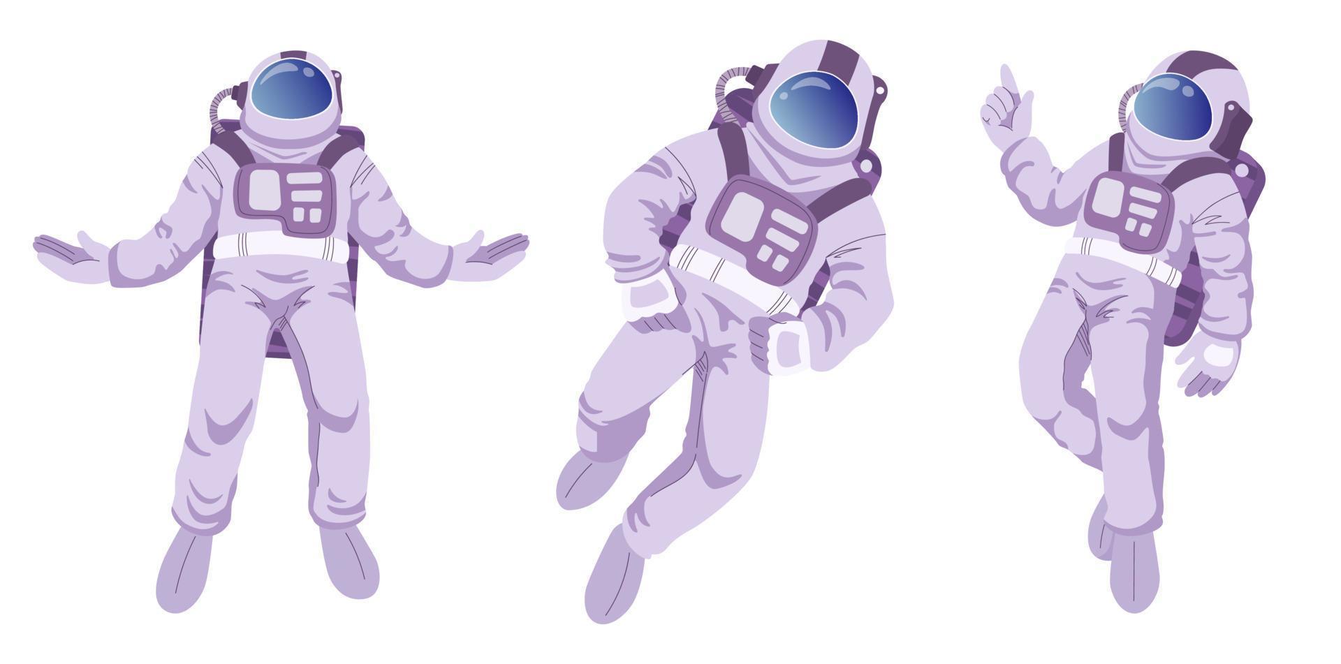 conjunto de astronautas flotando en el espacio ultraterrestre. ilustración de vector de imágenes prediseñadas dibujadas a mano en estilo de dibujos animados. aislado sobre fondo blanco.