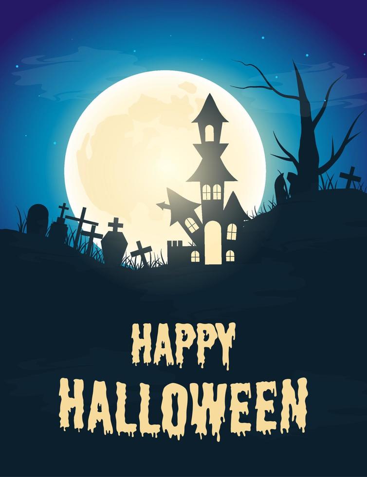 Halloween Background with Full Moon. Castle, ghosts and graveyard. Vector illustration.
