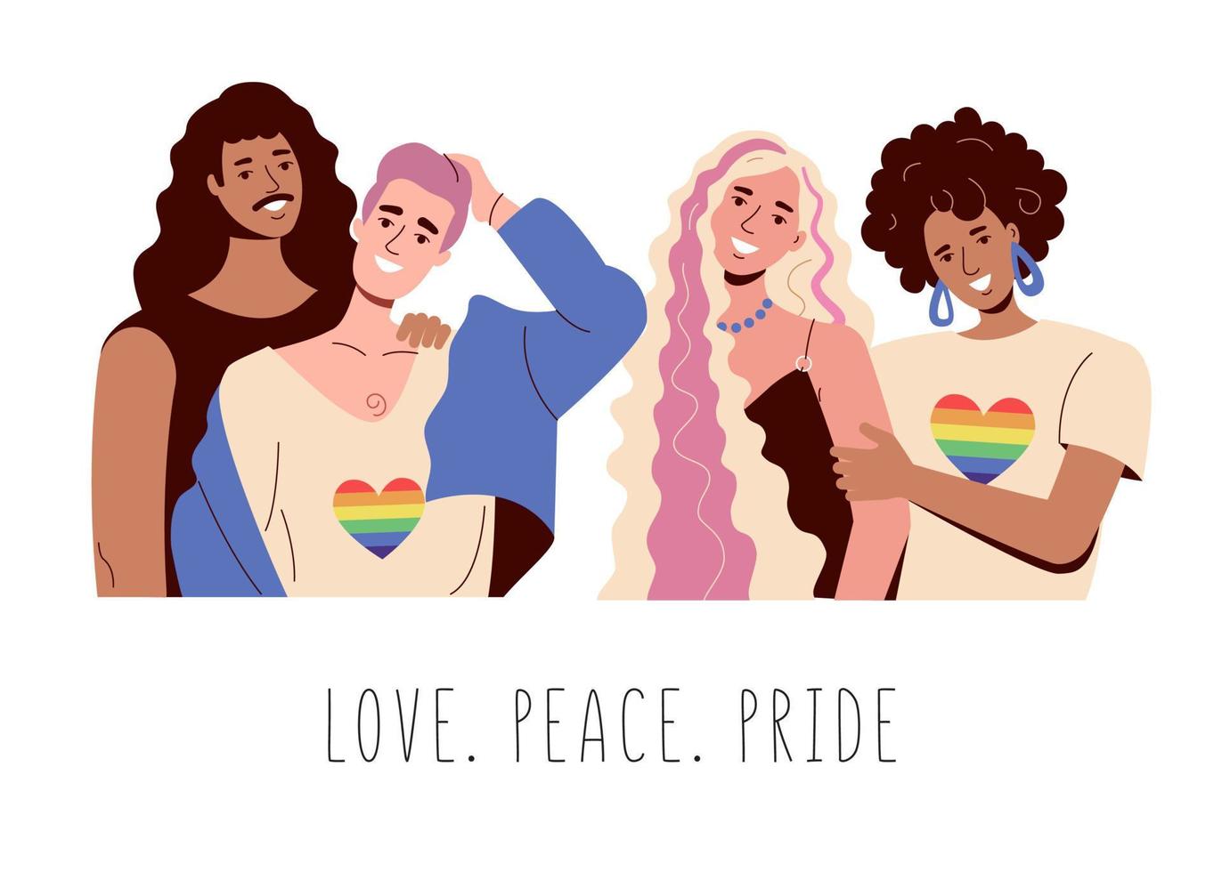 las parejas lgbt son felices y muestran una bandera del arco iris. gays y lesbianas. amor. paz. orgullo. vector