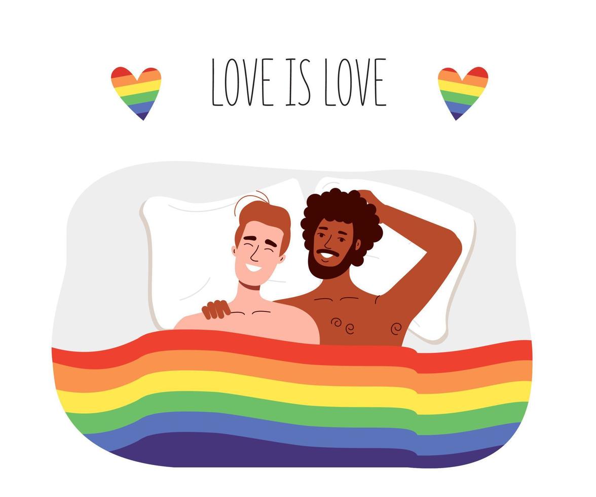 Gay men lie under the rainbow flag of lgbt. Guys are engaged in interracial free sex vector