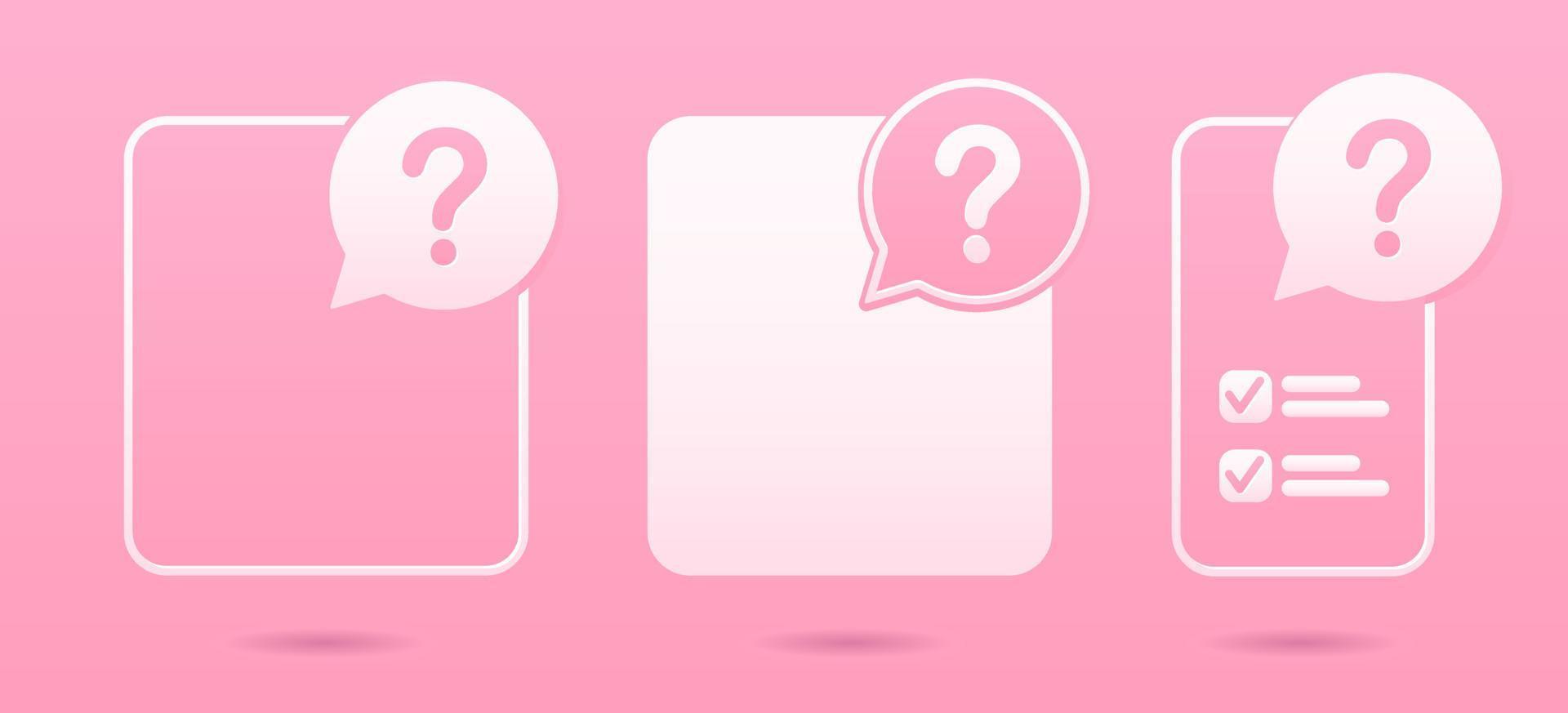 A set of three-dimensional 3d icons in the style of cut paper. Copy space. Answers to questions, FAQ, support help, chat on a blue background vector