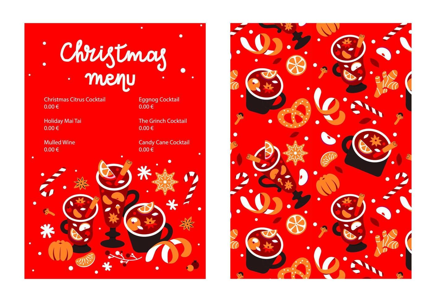 Menu template with hot winter seasonal drinks. Christmas menu with mulled wine, punch and cocktails vector