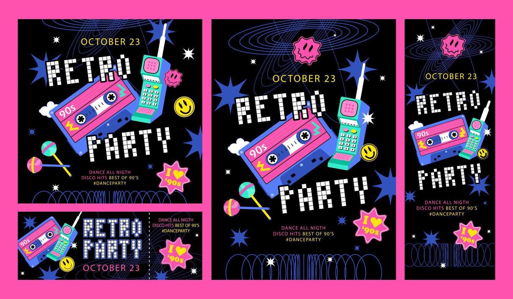 un conjunto de carteles y pancartas de fiesta retro al estilo de los años 90, 80. cartel de onda retro, moda retro, discoteca y píxeles vector