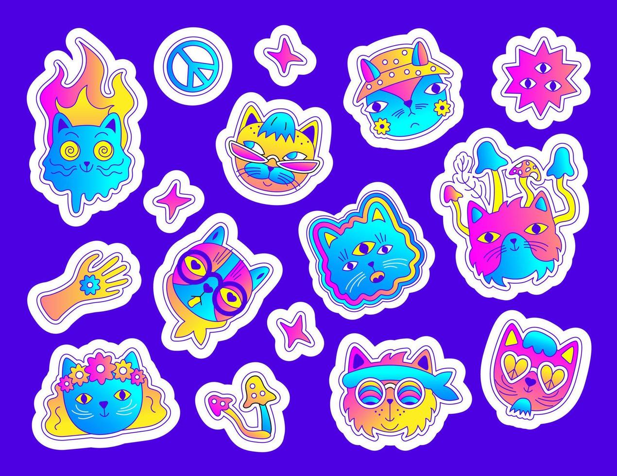 A set of psychedelic stickers. Bright hallucinogenic cats in retro style. stickers with kittens vector