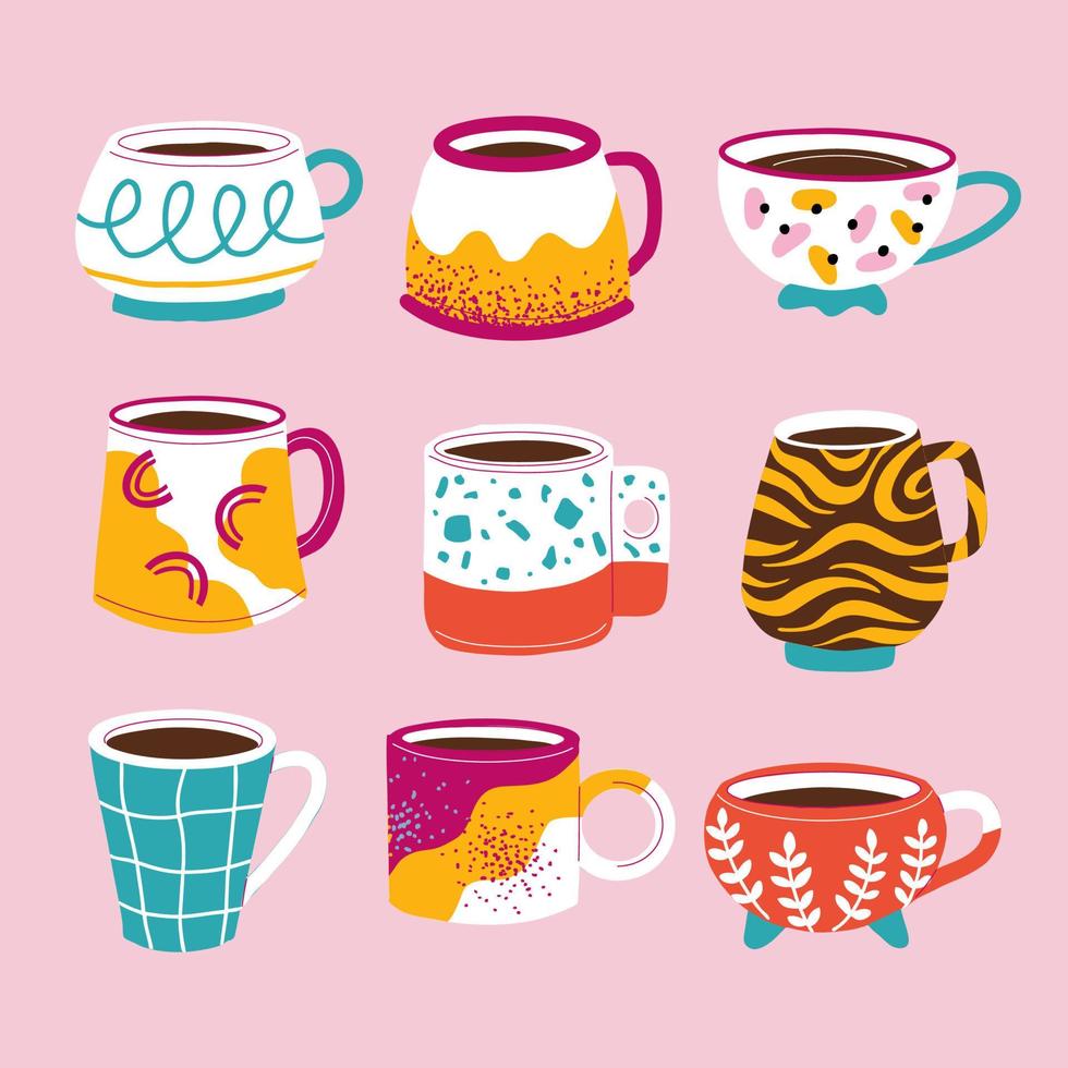 un conjunto de coloridas tazas hechas a mano. tazas de colores con café y té. pintura de platos de ceramica vector