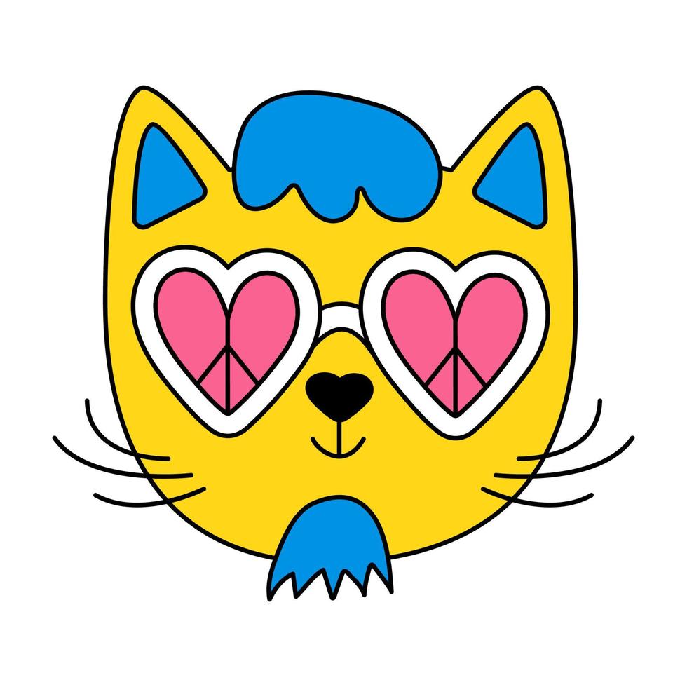 A cat with hippie glasses. A kitten in retro style. Sticker for children, animal logo, icon vector