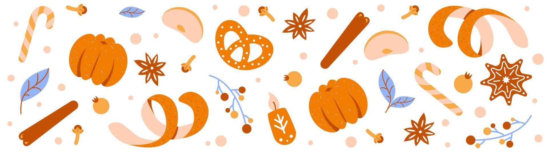 Horizontal Christmas banner. Isolated tangerine, orange, cookies and spices. Pattern for packaging vector