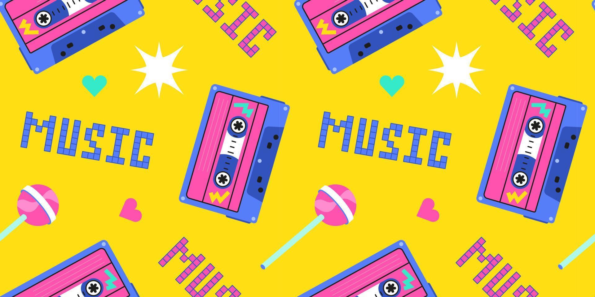 Seamless pattern of the 90s, 80s. Retro cassette, music, lollipop, sucking candy and pixels. 8 bit letters vector