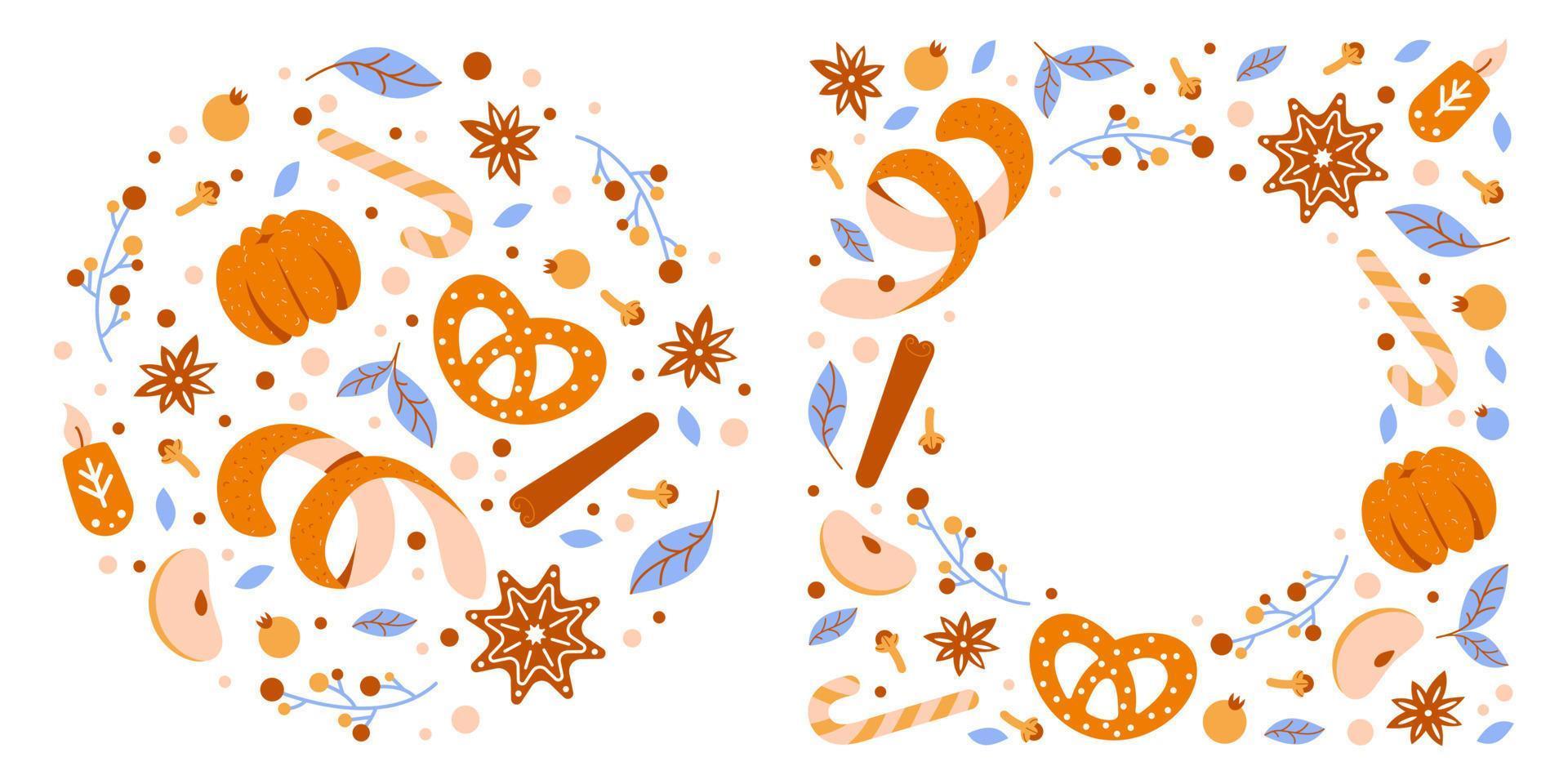 A set of Christmas templates. Circle and frame of tangerines, oranges, spices, cinnamon, cloves, anise vector