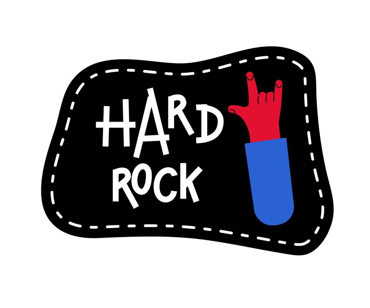Black stripe hard rock and hand. Flat gesture Horns , that rocks. Music sticker doodle or sketch vector