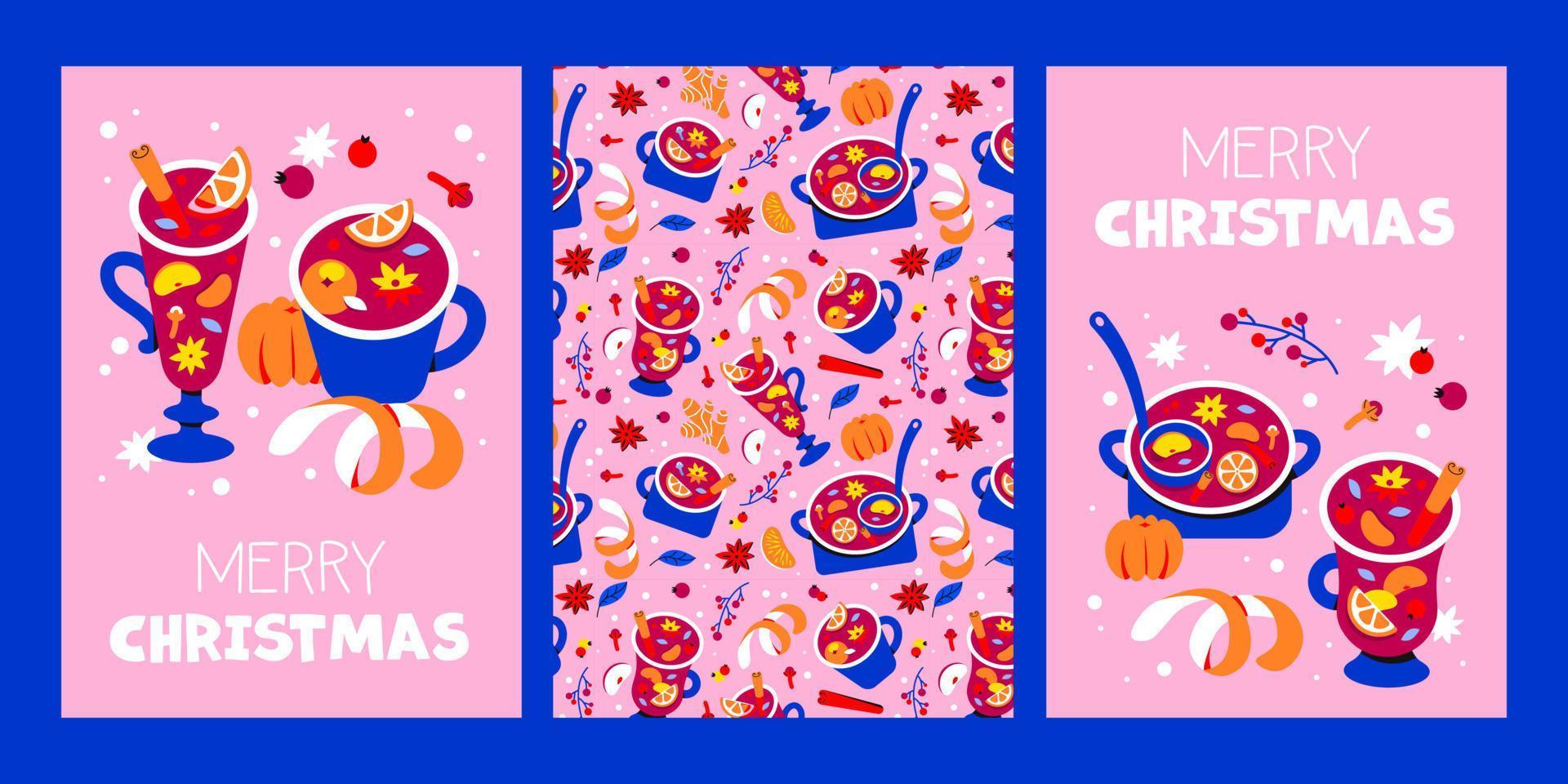 Christmas card set. Hot winter drinks, mulled wine, tangerines, seamless pattern vector