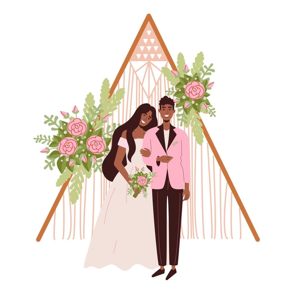 Wedding arch in Hippie and Boho style. Beautiful dark-skinned bride and groom. A woman in a wedding dress with a bouquet vector
