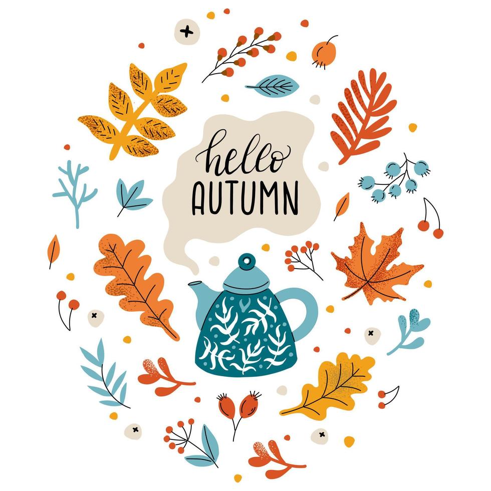 acogedor hervidor de agua de otoño con vapor. letras hola otoño. hojas amarillas y caída de hojas. té caliente de otoño y caída sobre un fondo blanco vector