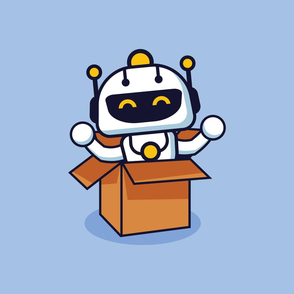 Cartoon vector illustration of a cute robot being in a cardboard for business company mascot and logo